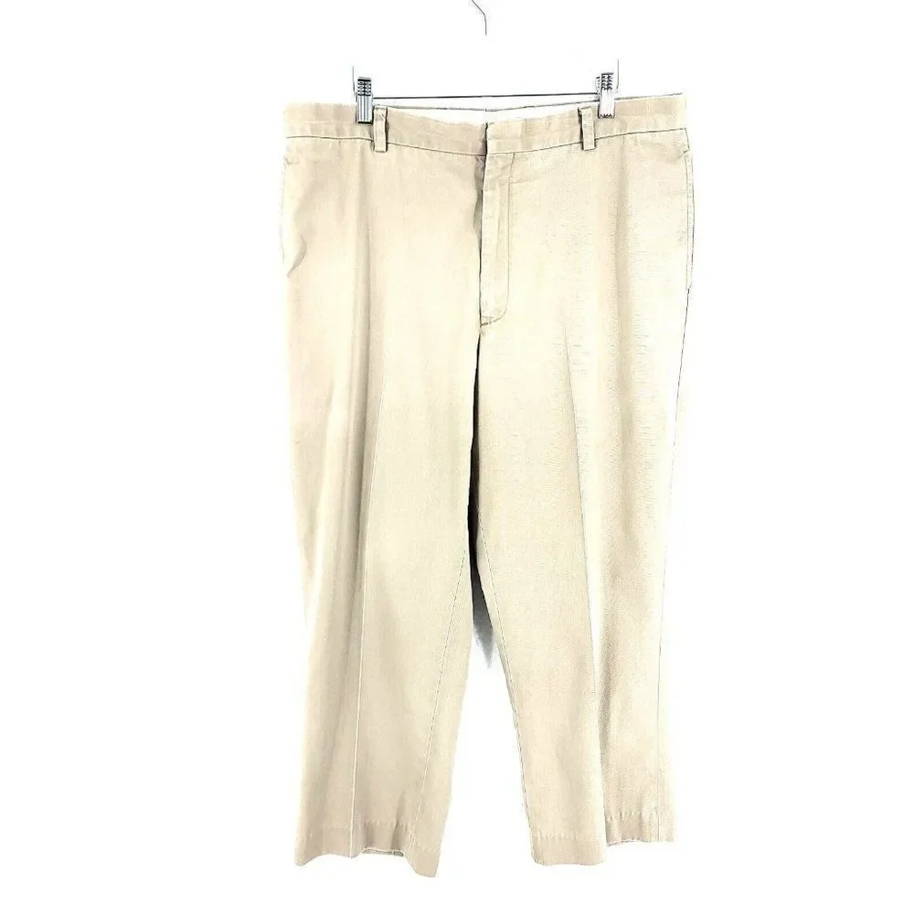 L.L. Bean Cream Tan Flat‎ Front Cotton High Rise Chino Pants 36/28